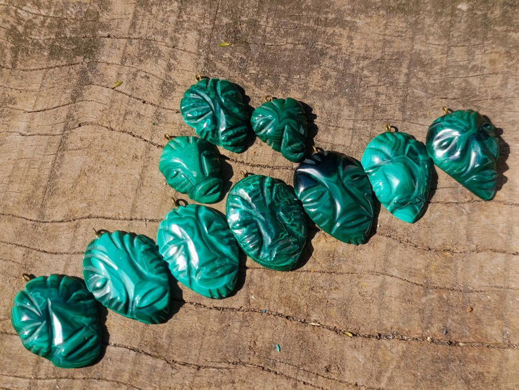 Hand Made Flower Banded Malachite Face Mask Carved Pendants x 10 From Congo - Toprock Gemstones and Minerals 