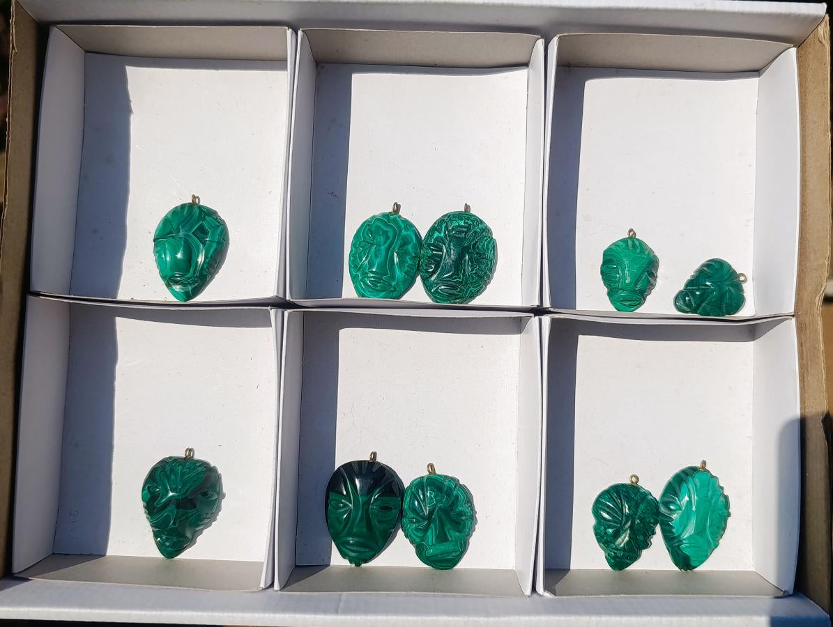 Hand Made Flower Banded Malachite Face Mask Carved Pendants x 10 From Congo - Toprock Gemstones and Minerals 