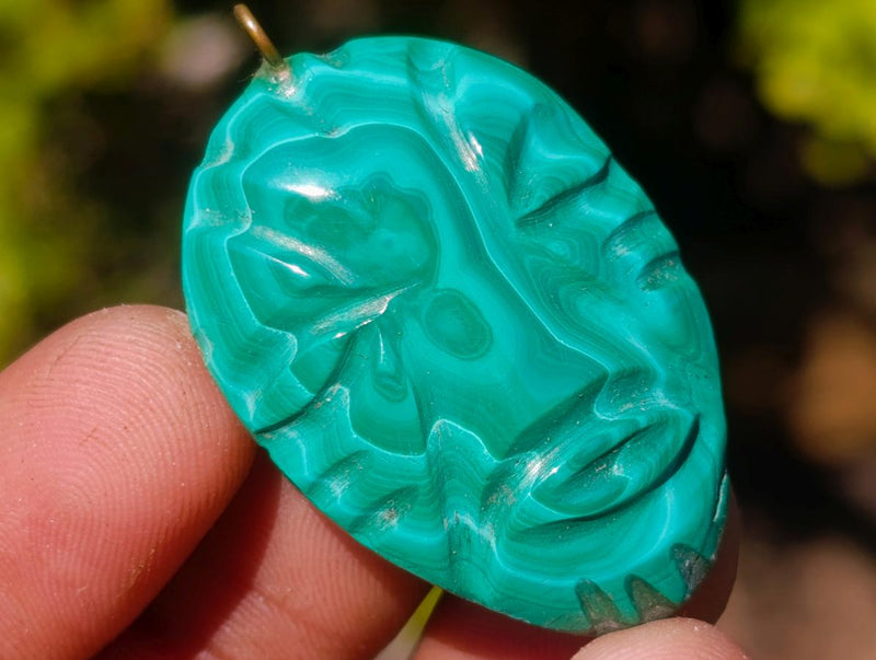 Hand Made Flower Banded Malachite Face Mask Carved Pendants x 10 From Congo - Toprock Gemstones and Minerals 