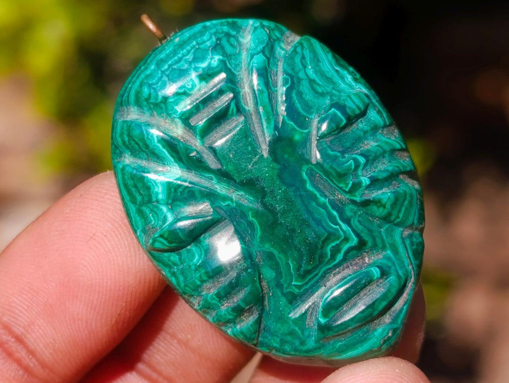 Hand Made Flower Banded Malachite Face Mask Carved Pendants x 10 From Congo - Toprock Gemstones and Minerals 