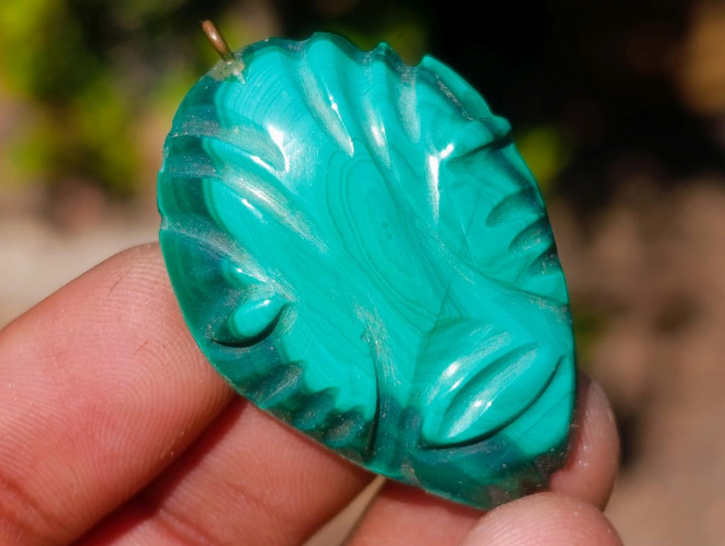 Hand Made Flower Banded Malachite Face Mask Carved Pendants x 10 From Congo - Toprock Gemstones and Minerals 