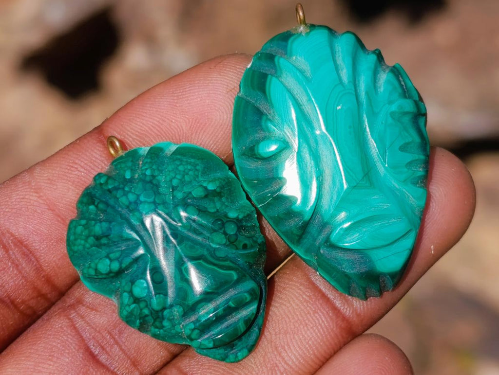 Hand Made Flower Banded Malachite Face Mask Carved Pendants x 10 From Congo - Toprock Gemstones and Minerals 
