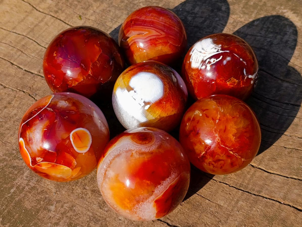 Polished and Natural Carnelian Agate Gemstone Spheres x 7 From Madagascar - Toprock Gemstones and Minerals 