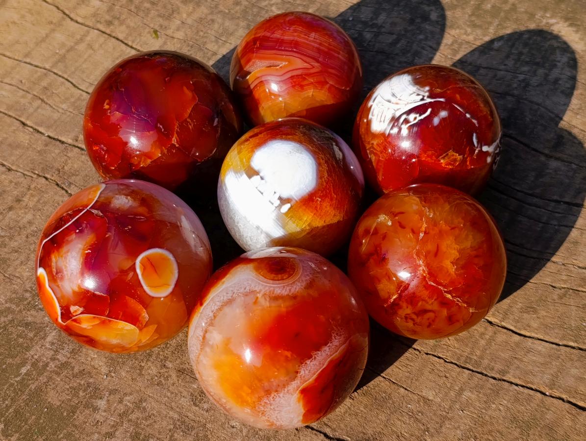 Polished and Natural Carnelian Agate Gemstone Spheres x 7 From Madagascar - Toprock Gemstones and Minerals 