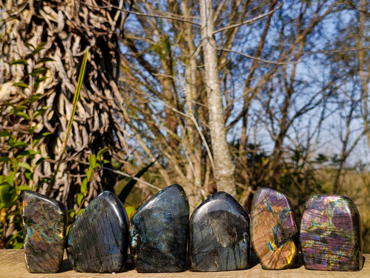 Polished Spectrolite Labradorite Standing Display Pieces x 6 From Madagascar - Toprock Gemstones and Minerals 