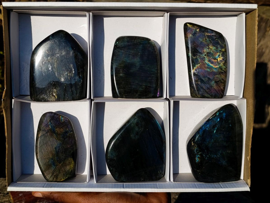 Polished Spectrolite Labradorite Standing Display Pieces x 6 From Madagascar - Toprock Gemstones and Minerals 