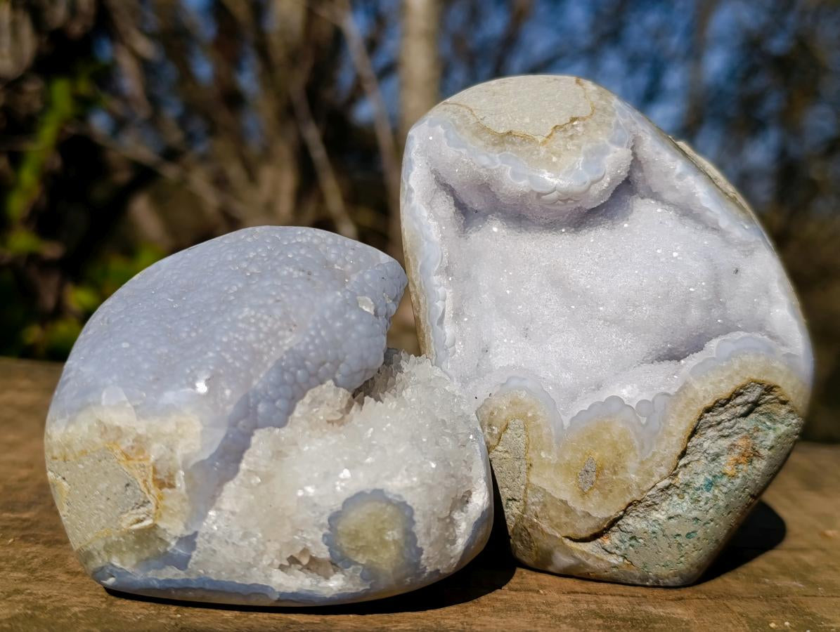 Polished Blue Lace Agate Standing Display Pieces with Dogtooth Calcite x 2 From Nsanje, Malawi - Toprock Gemstones and Minerals 