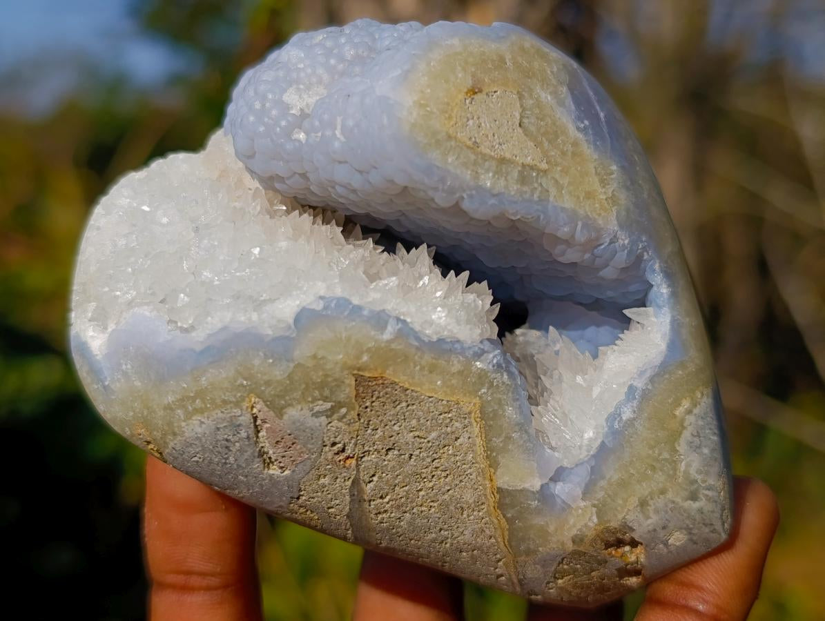 Polished Blue Lace Agate Standing Display Pieces with Dogtooth Calcite x 2 From Nsanje, Malawi - Toprock Gemstones and Minerals 