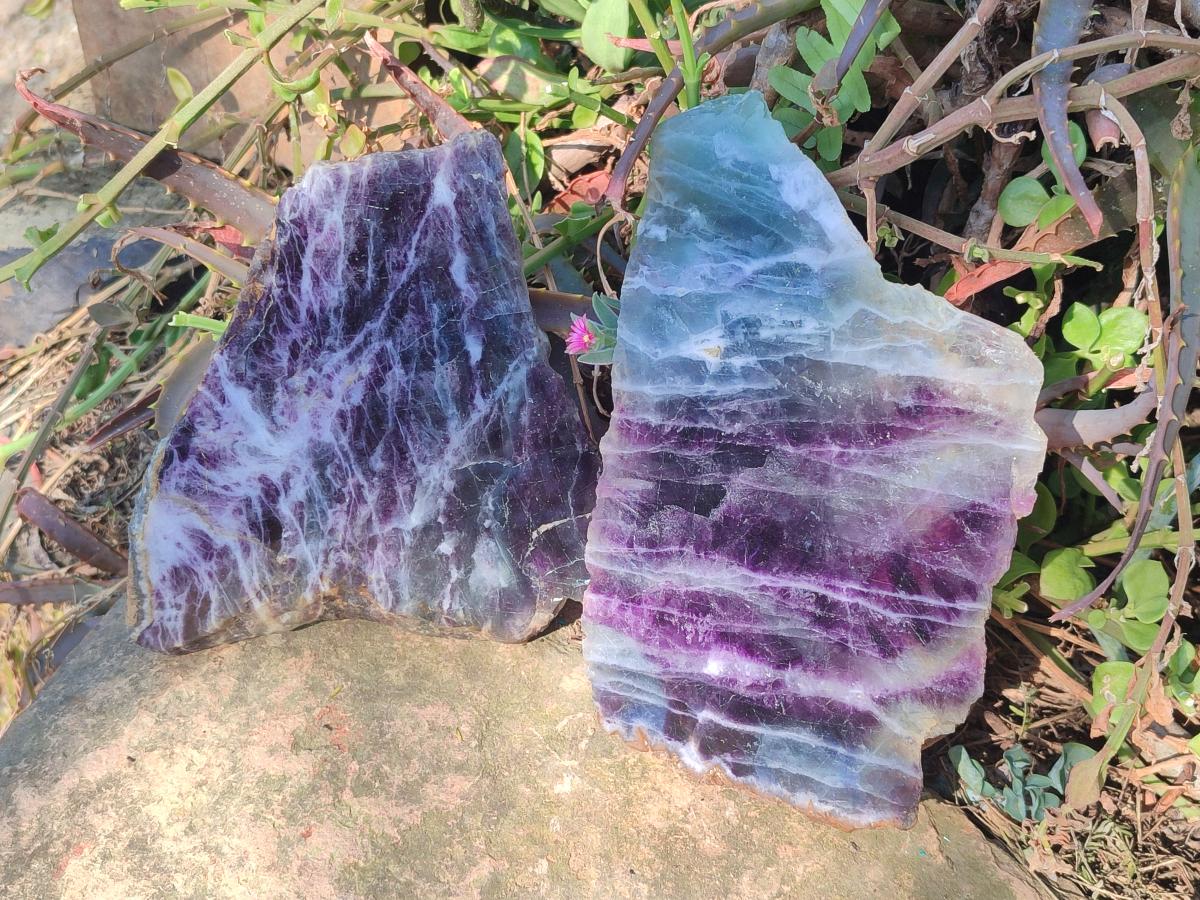 Polished and Natural Watermelon Fluorite Slices x 2 From Uis, Namibia - Toprock Gemstones and Minerals 