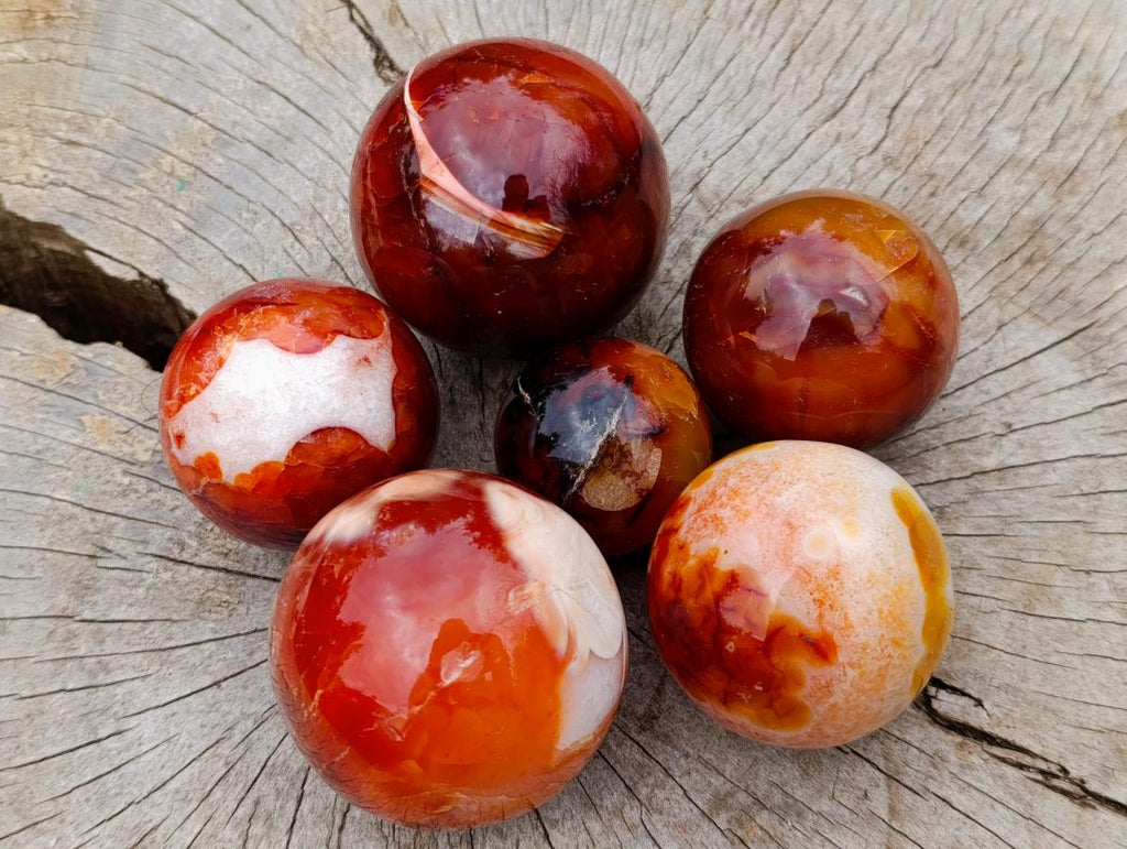 Polished Carnelian Agate Gemstone Spheres x 6 From Madagascar - Toprock Gemstones and Minerals 