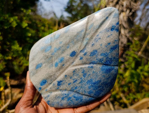 Polished Large Blue Spotted Spinel in Quartz Standing Display Leaf Sculptured Piece x 1 From Madagascar - Toprock Gemstones and Minerals 