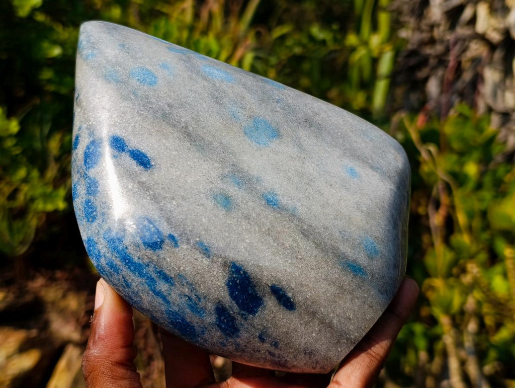 Polished Large Blue Spotted Spinel in Quartz Standing Display Leaf Sculptured Piece x 1 From Madagascar - Toprock Gemstones and Minerals 