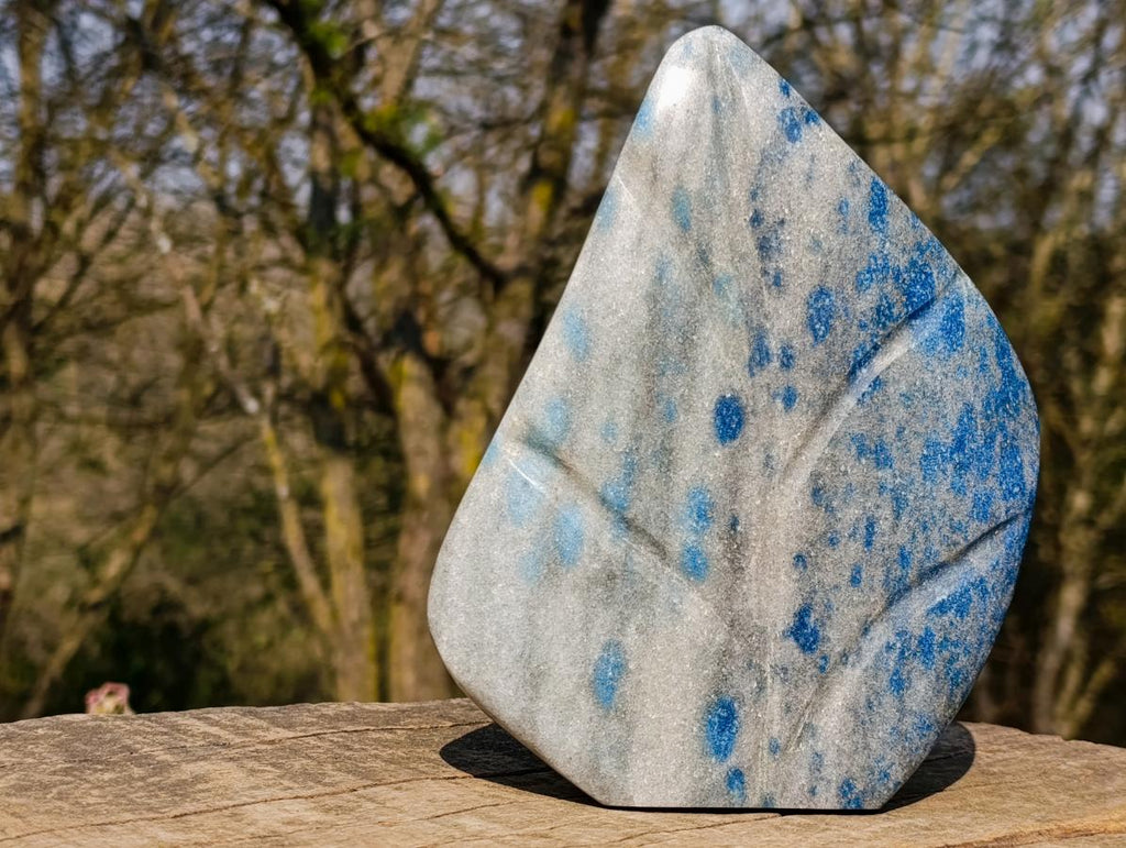 Polished Large Blue Spotted Spinel in Quartz Standing Display Leaf Sculptured Piece x 1 From Madagascar - Toprock Gemstones and Minerals 