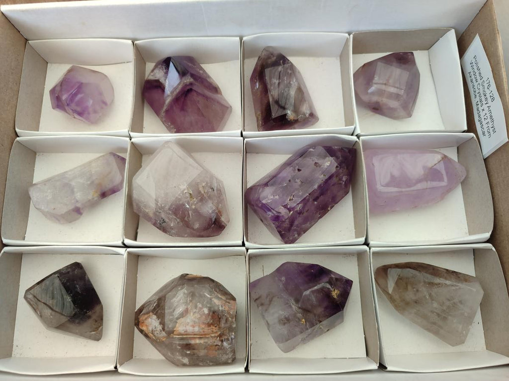 Polished Smokey Window Amethyst Crystals x 12 From Akansobe, Madagascar - Toprock Gemstones and Minerals 