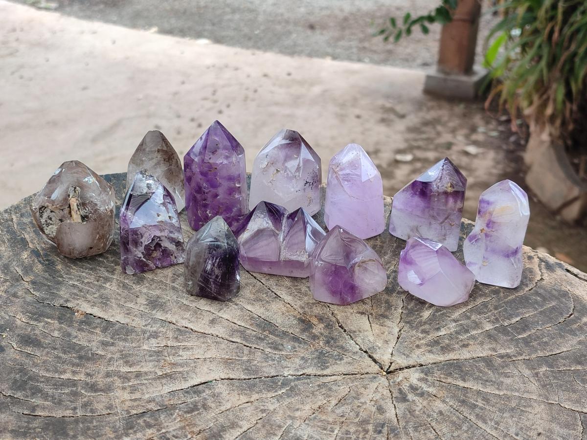 Polished Smokey Window Amethyst Crystals x 12 From Akansobe, Madagascar - Toprock Gemstones and Minerals 