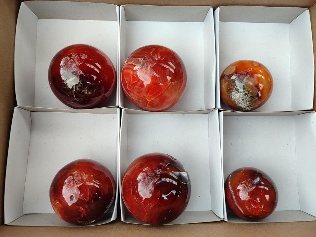 Polished and Natural Carnelian Agate Gemstone Spheres x 6 From Madagascar - Toprock Gemstones and Minerals 