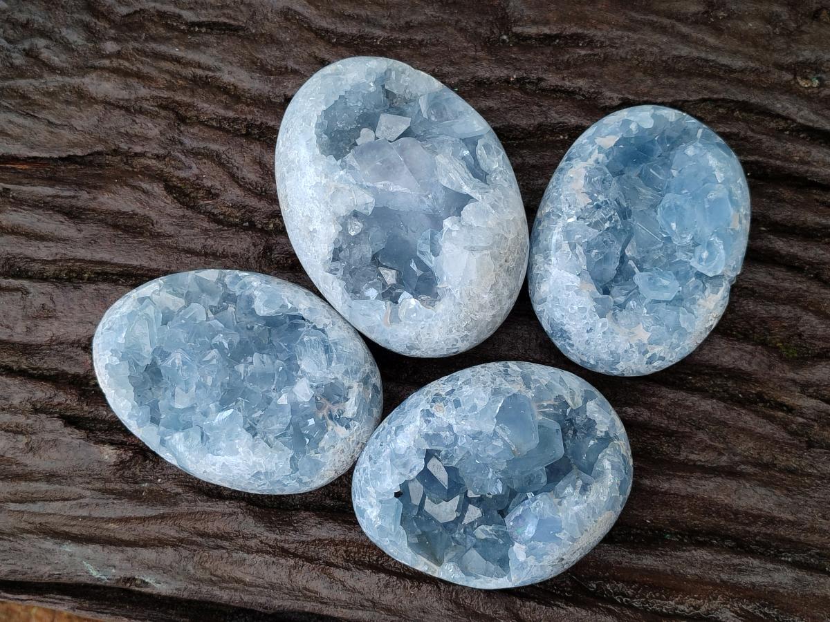 Polished and Natural Blue Celestite Free Forms x 4 From Sakoany, Madagascar - Toprock Gemstones and Minerals 