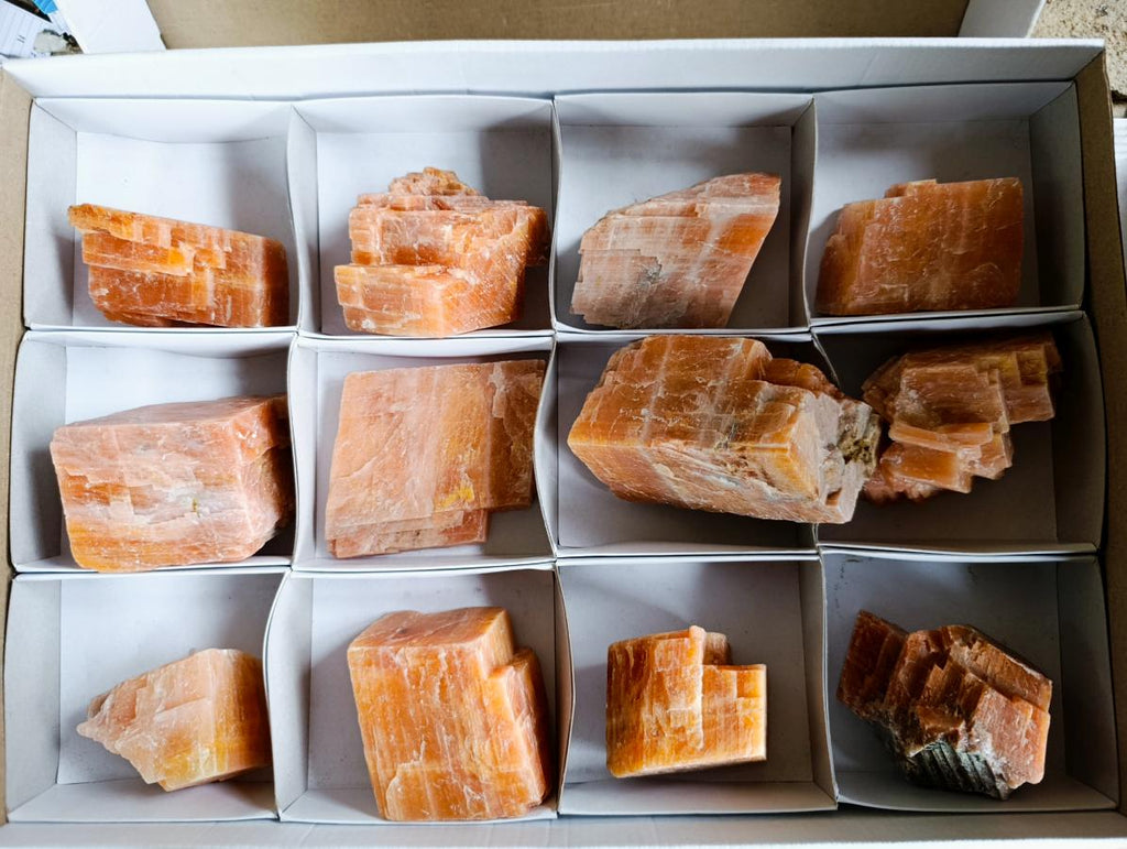 Natural Rhombohedral Sunset Orange Calcite Specimens x 12 From Spitzkop, Namibia - Toprock Gemstones and Minerals 