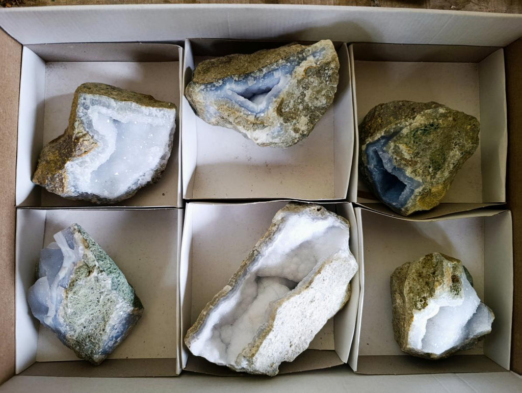 Natural Blue Lace Agate Geode Specimens x 6 From Nsanje, Malawi - Toprock Gemstones and Minerals 