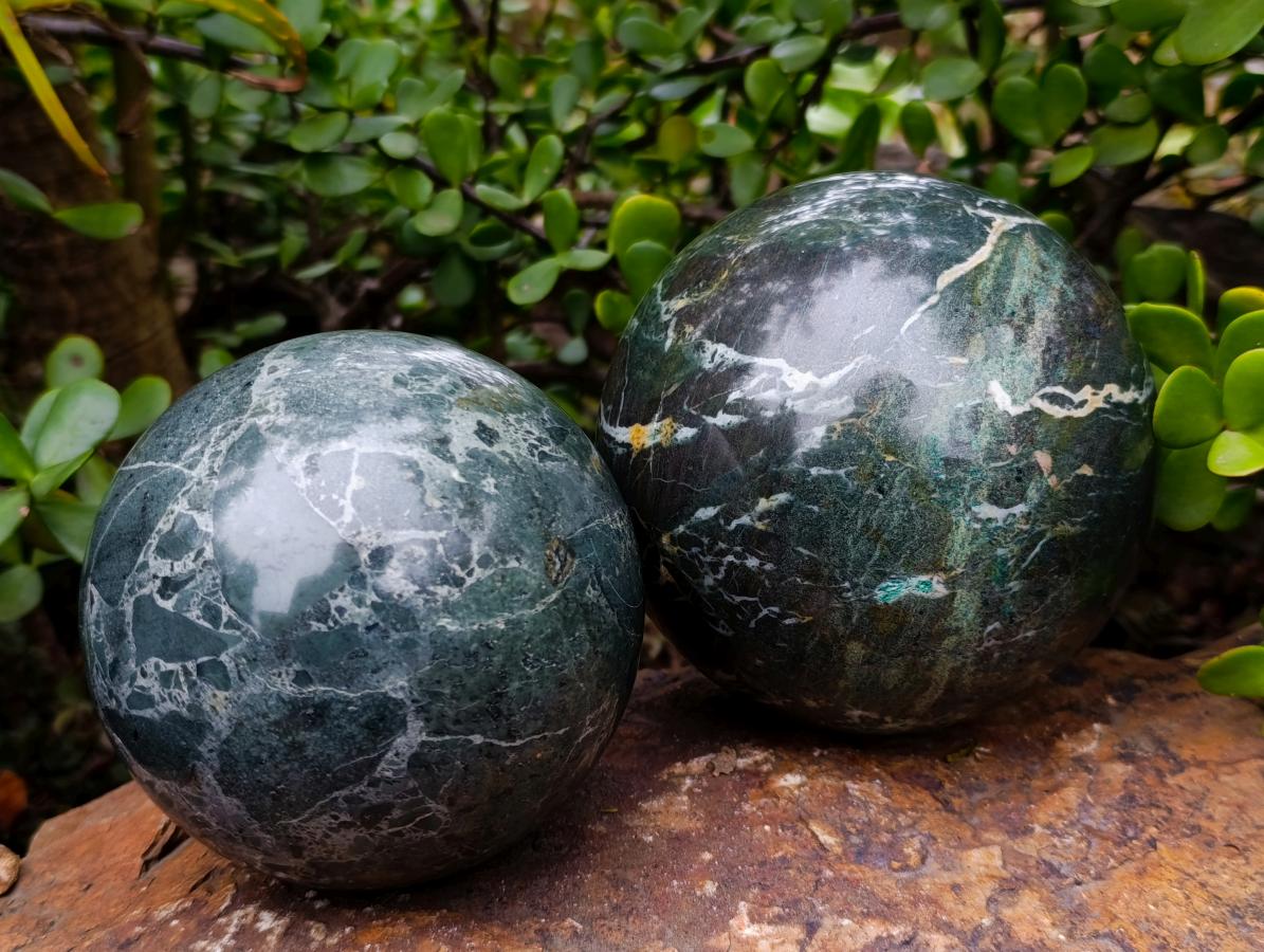 Polished Green Marble Sphere x 2 From Rustenberg, South Africa - Toprock Gemstones and Minerals 