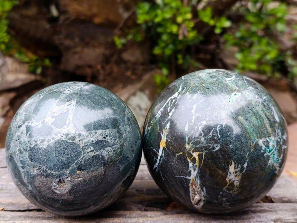 Polished Green Marble Sphere x 2 From Rustenberg, South Africa - Toprock Gemstones and Minerals 