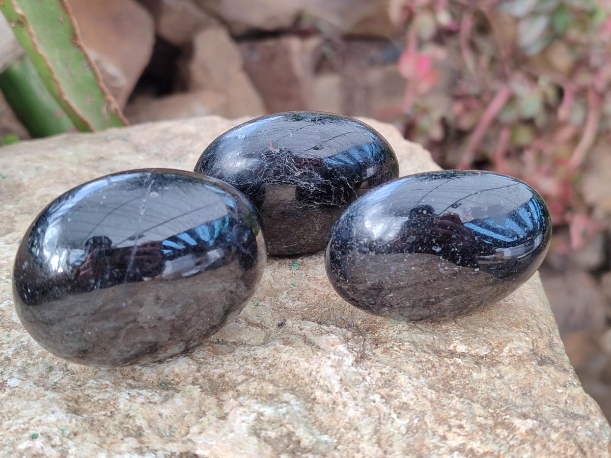 Polished Black Tourmaline Galets x 12 From Madagascar - Toprock Gemstones and Minerals 