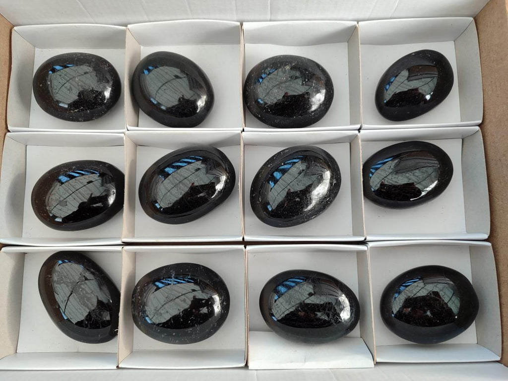 Polished Black Tourmaline Galets x 12 From Madagascar - Toprock Gemstones and Minerals 