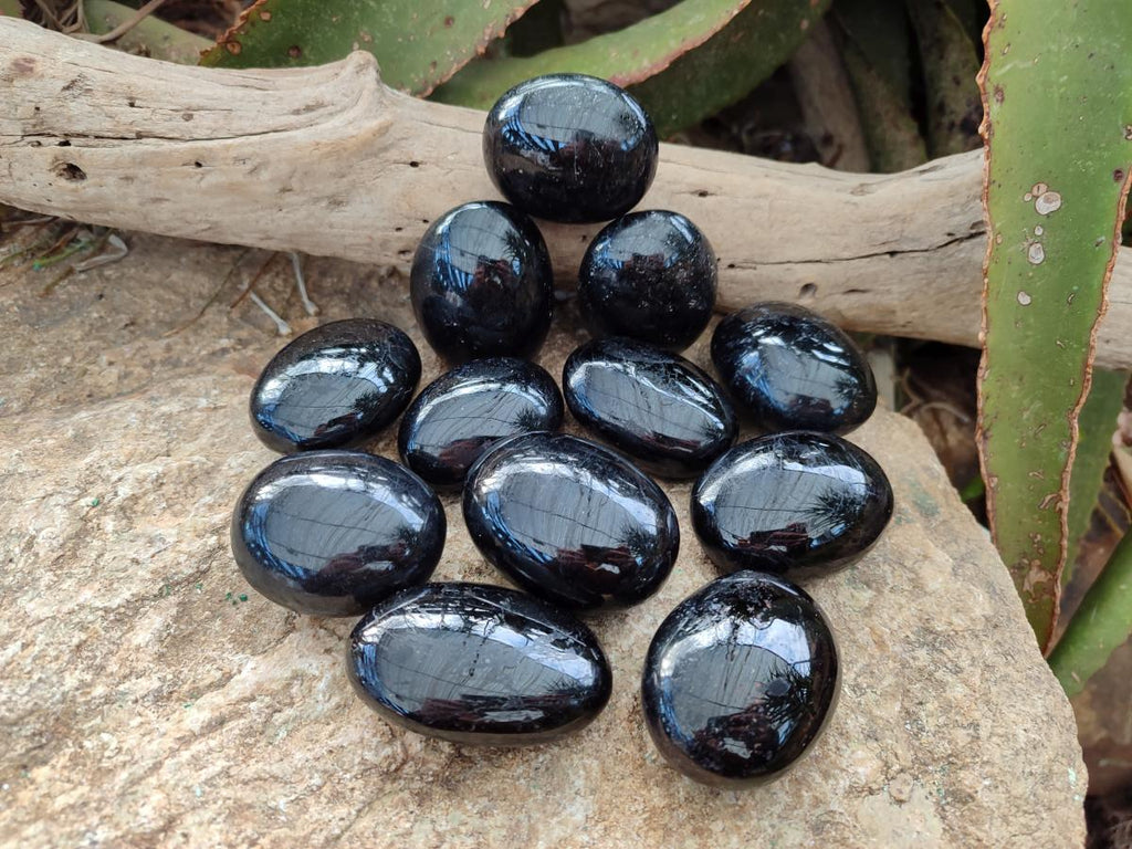 Polished Black Tourmaline Galets x 12 From Madagascar - Toprock Gemstones and Minerals 