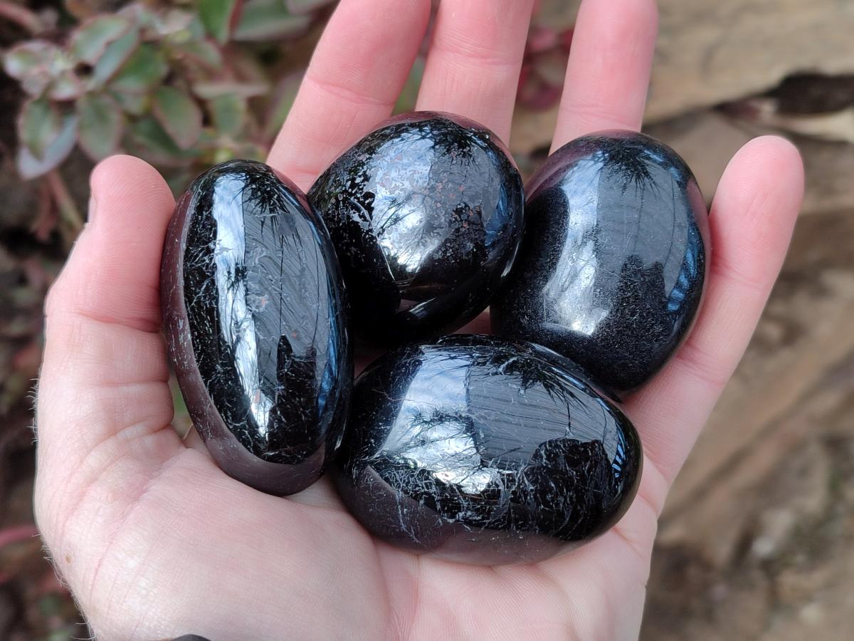Polished Black Tourmaline Galets x 12 From Madagascar - Toprock Gemstones and Minerals 