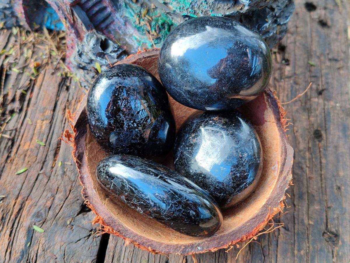 Polished Black Tourmaline Galets x 12 From Madagascar - Toprock Gemstones and Minerals 