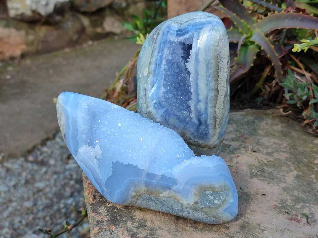 Polished and Natural Blue Lace Agate Standing Display Piece and Free Form x 2 From Nsanje, Malawi - Toprock Gemstones and Minerals 