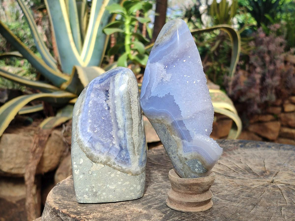Polished and Natural Blue Lace Agate Standing Display Piece and Free Form x 2 From Nsanje, Malawi - Toprock Gemstones and Minerals 