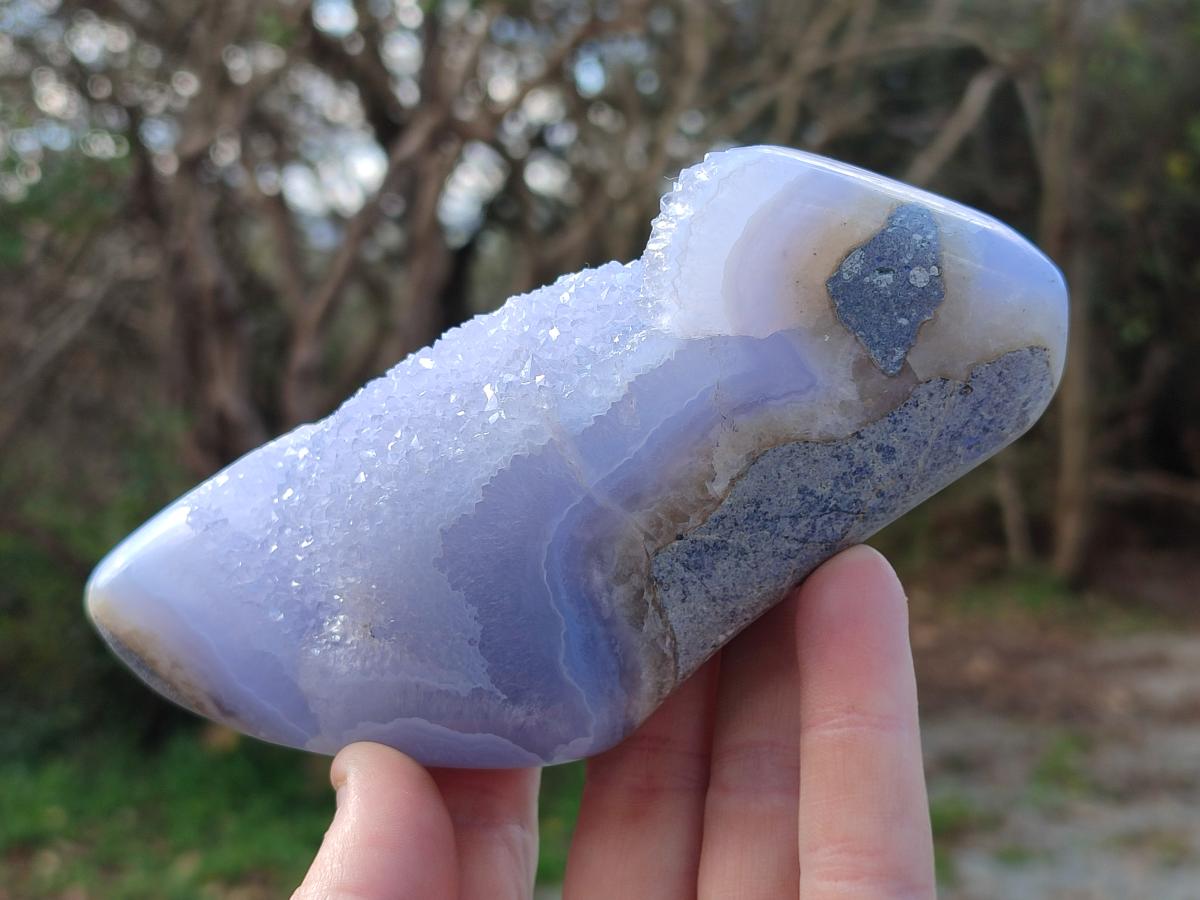 Polished and Natural Blue Lace Agate Standing Display Piece and Free Form x 2 From Nsanje, Malawi - Toprock Gemstones and Minerals 