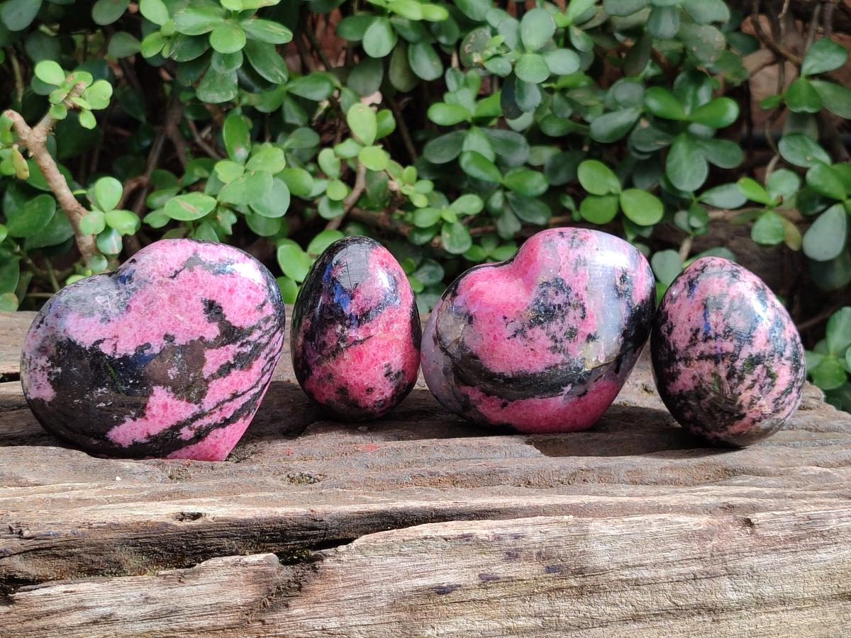 Polished Rhodonite Gemstone Hearts and Eggs x 4 From Ambindavato, Madagascar - Toprock Gemstones and Minerals 