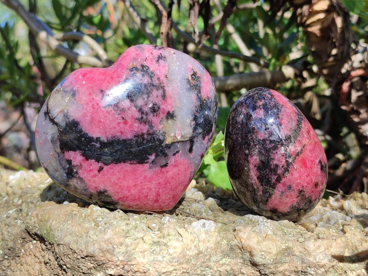 Polished Rhodonite Gemstone Hearts and Eggs x 4 From Ambindavato, Madagascar - Toprock Gemstones and Minerals 