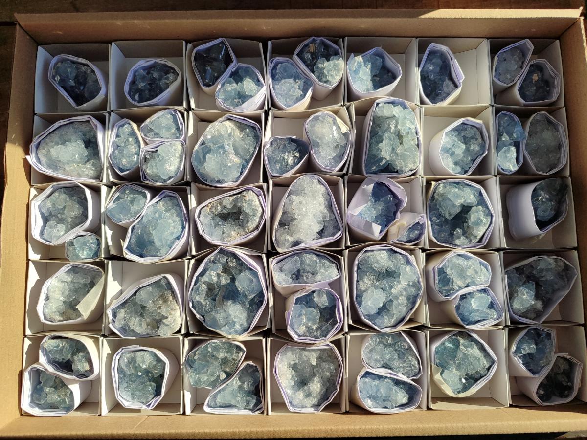Natural Mini Blue Celestite Specimens x 50 From Sakoany, Madagascar - Toprock Gemstones and Minerals 