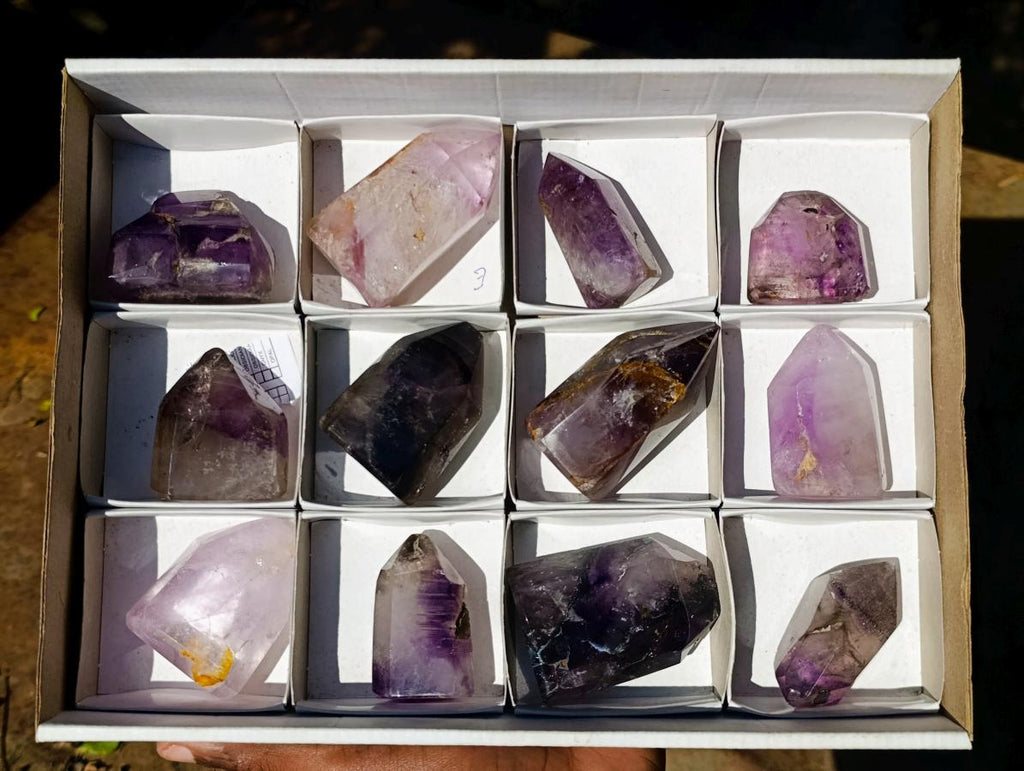 Polished Amethyst and Smokey Amethyst Window Crystals x 12 From Akansobe, Madagascar - Toprock Gemstones and Minerals 