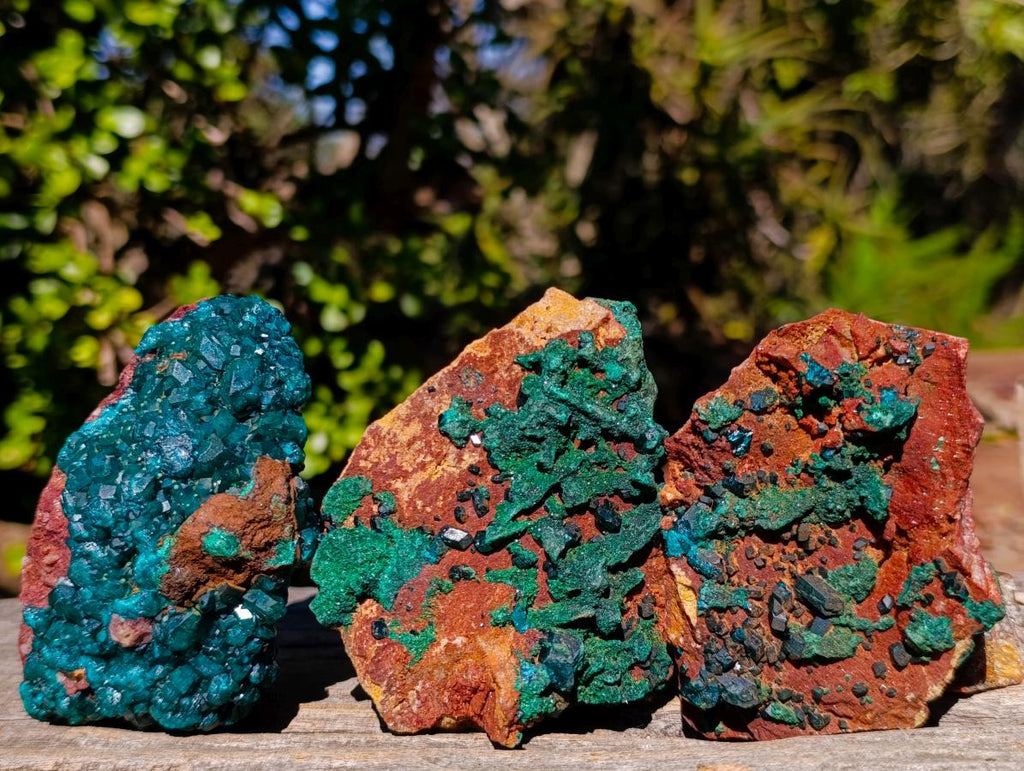 Natural Dioptase Specimens with Crystalline Malachite on Dolomite Matrix x 3 From Mashamba East Mine, Congo - Toprock Gemstones and Minerals 