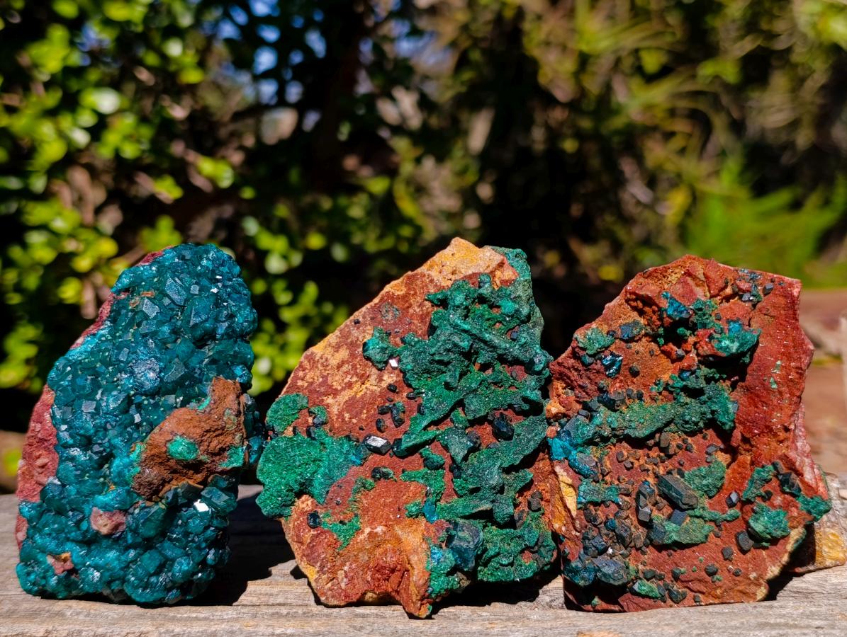 Natural Dioptase Specimens with Crystalline Malachite on Dolomite Matrix x 3 From Mashamba East Mine, Congo - Toprock Gemstones and Minerals 