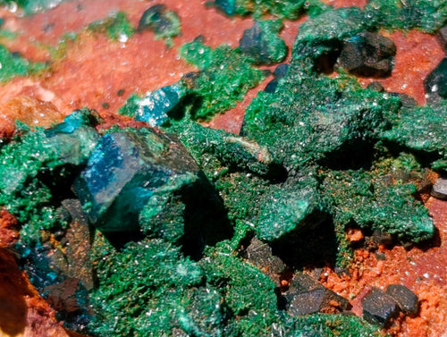 Natural Dioptase Specimens with Crystalline Malachite on Dolomite Matrix x 3 From Mashamba East Mine, Congo - Toprock Gemstones and Minerals 