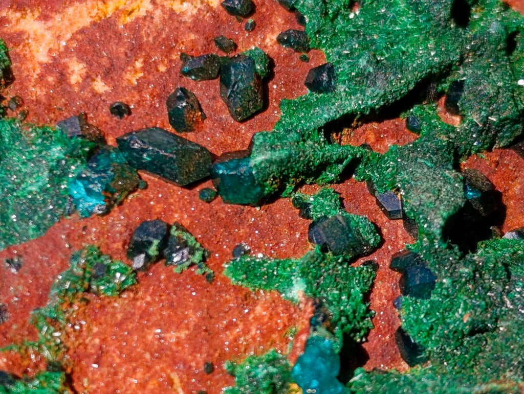 Natural Dioptase Specimens with Crystalline Malachite on Dolomite Matrix x 3 From Mashamba East Mine, Congo - Toprock Gemstones and Minerals 