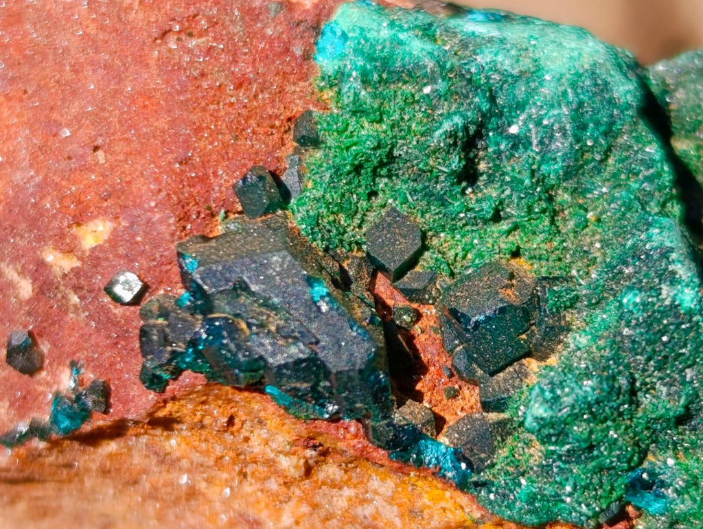 Natural Dioptase Specimens with Crystalline Malachite on Dolomite Matrix x 3 From Mashamba East Mine, Congo - Toprock Gemstones and Minerals 