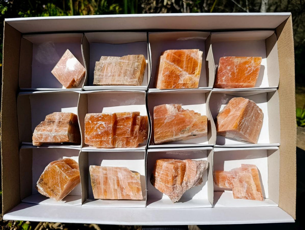 Natural Rhombohedral Sunset Orange Calcite Specimens x 12 From Spitzkop, Namibia - Toprock Gemstones and Minerals 