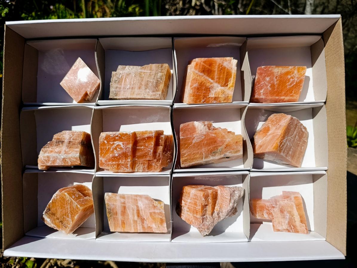 Natural Rhombohedral Sunset Orange Calcite Specimens x 12 From Spitzkop, Namibia - Toprock Gemstones and Minerals 