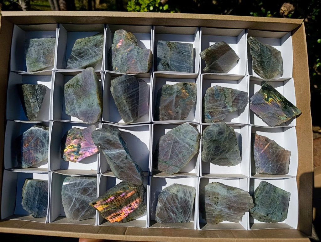 Polished One Side Purple Sunset Flash Labradorite Slices x 24 From Madagascar - Toprock Gemstones and Minerals 
