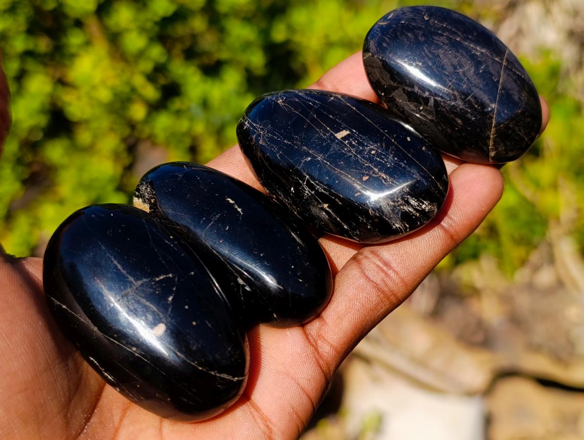 Polished Black Tourmaline Galets x 20 From Madagascar - Toprock Gemstones and Minerals 