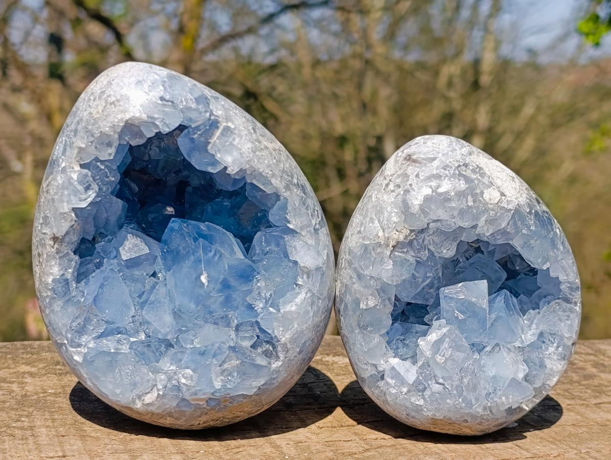 Polished and Natural Blue Celestite Eggs x 2 From Sakoany, Madagascar - Toprock Gemstones and Minerals 
