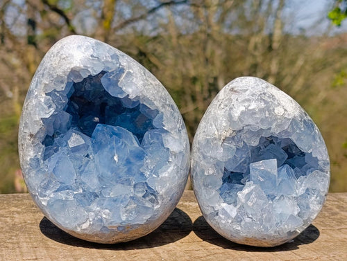 Polished and Natural Blue Celestite Eggs x 2 From Sakoany, Madagascar - Toprock Gemstones and Minerals 