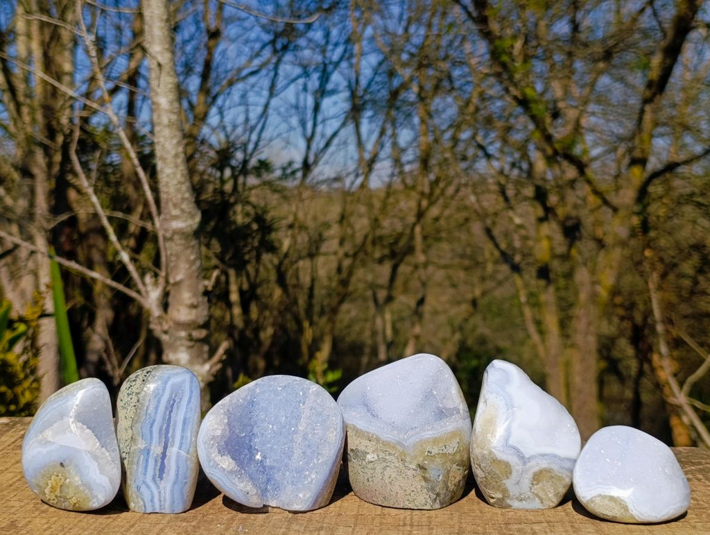 Polished and Natural Blue Lace Agate Free Forms and Standing Display Pieces x 6 From Nsanje, Malawi - Toprock Gemstones and Minerals 