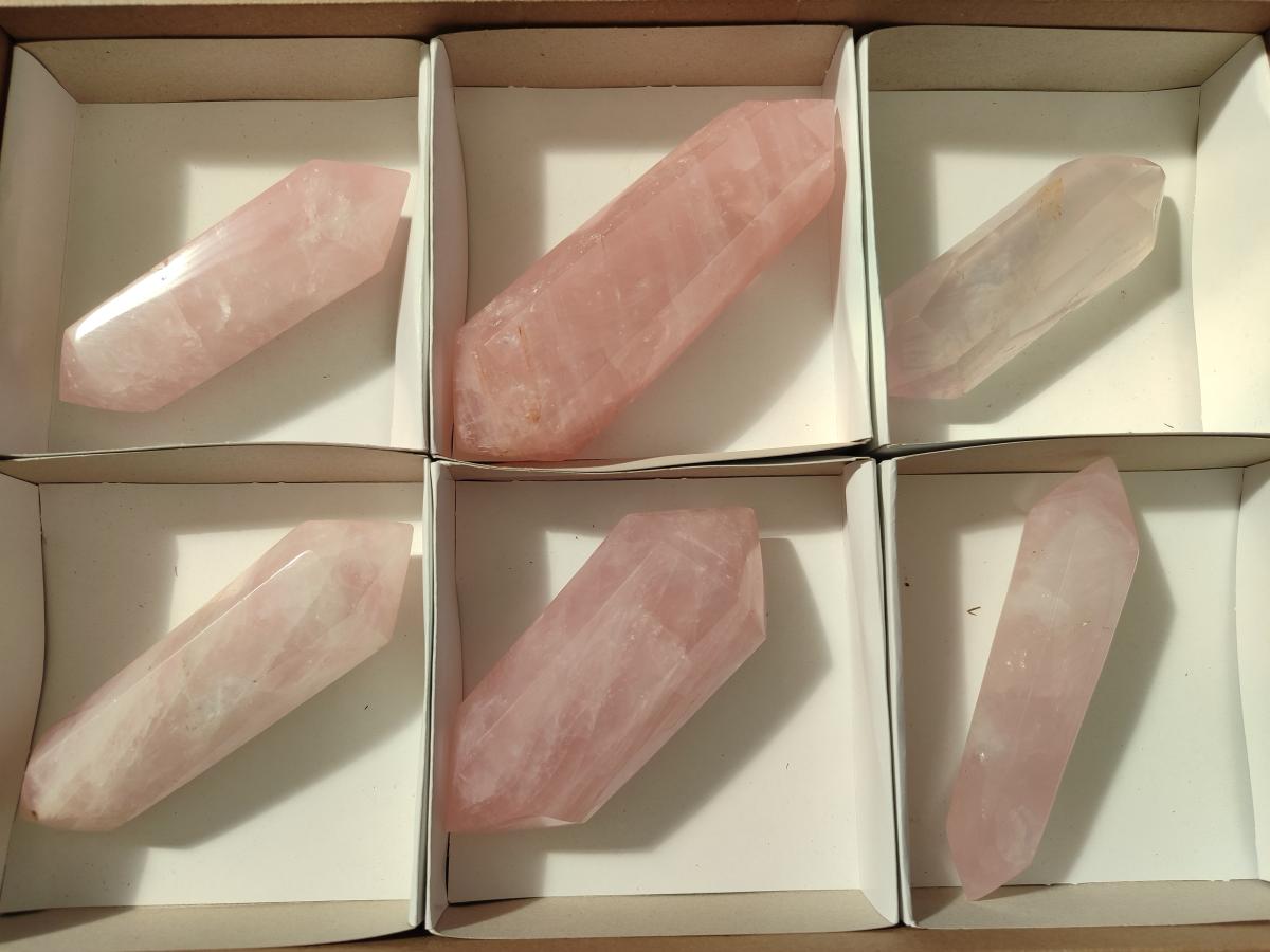 Polished Double Terminated Gemmy Rose Quartz Crystals x 6 From Madagascar - Toprock Gemstones and Minerals 